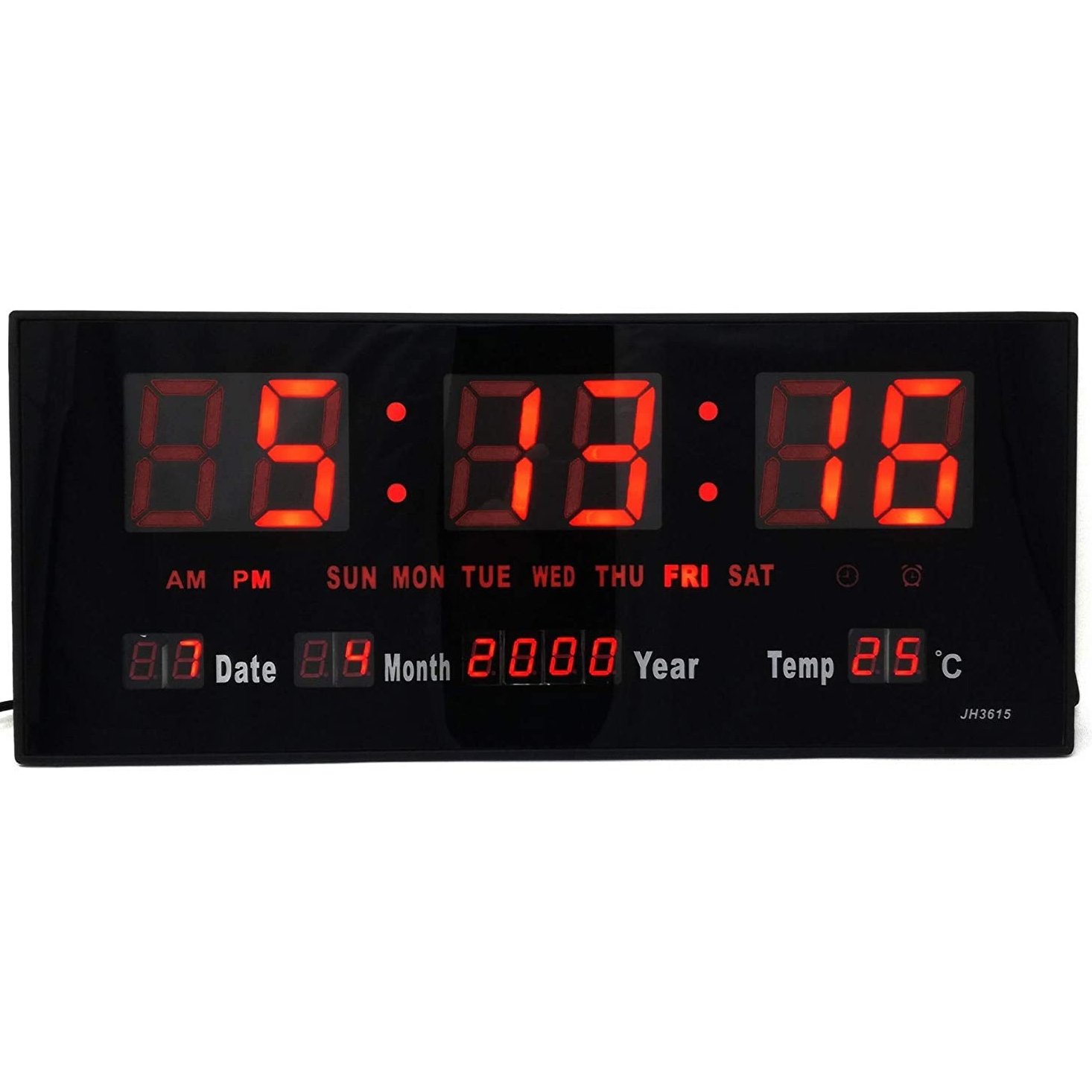 RELOJ DE PARED NUMEROS ROJOS DIGITAL JH3615 HORA FECHA TEMPERATURA 36 X 15 CM