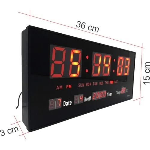 RELOJ DE PARED NUMEROS ROJOS DIGITAL JH3615 HORA FECHA TEMPERATURA 36 X 15 CM