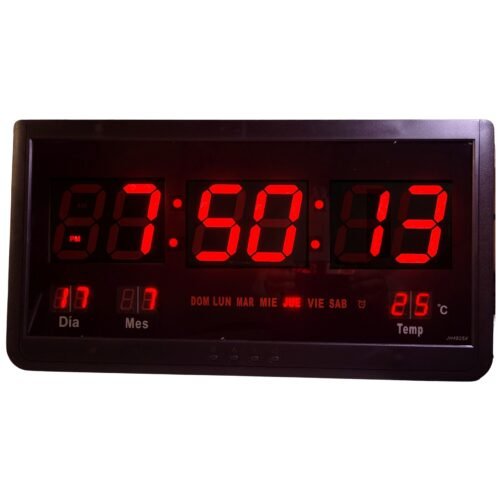 RELOJ DE PARED NUMEROS ROJOS DIGITAL JH4825 HORA FECHA TEMPERATURA 48X25 CM