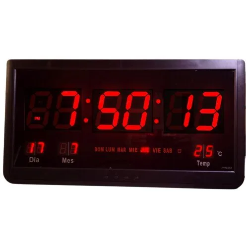 RELOJ DE PARED NUMEROS ROJOS DIGITAL JH4825 HORA FECHA TEMPERATURA 48X25 CM